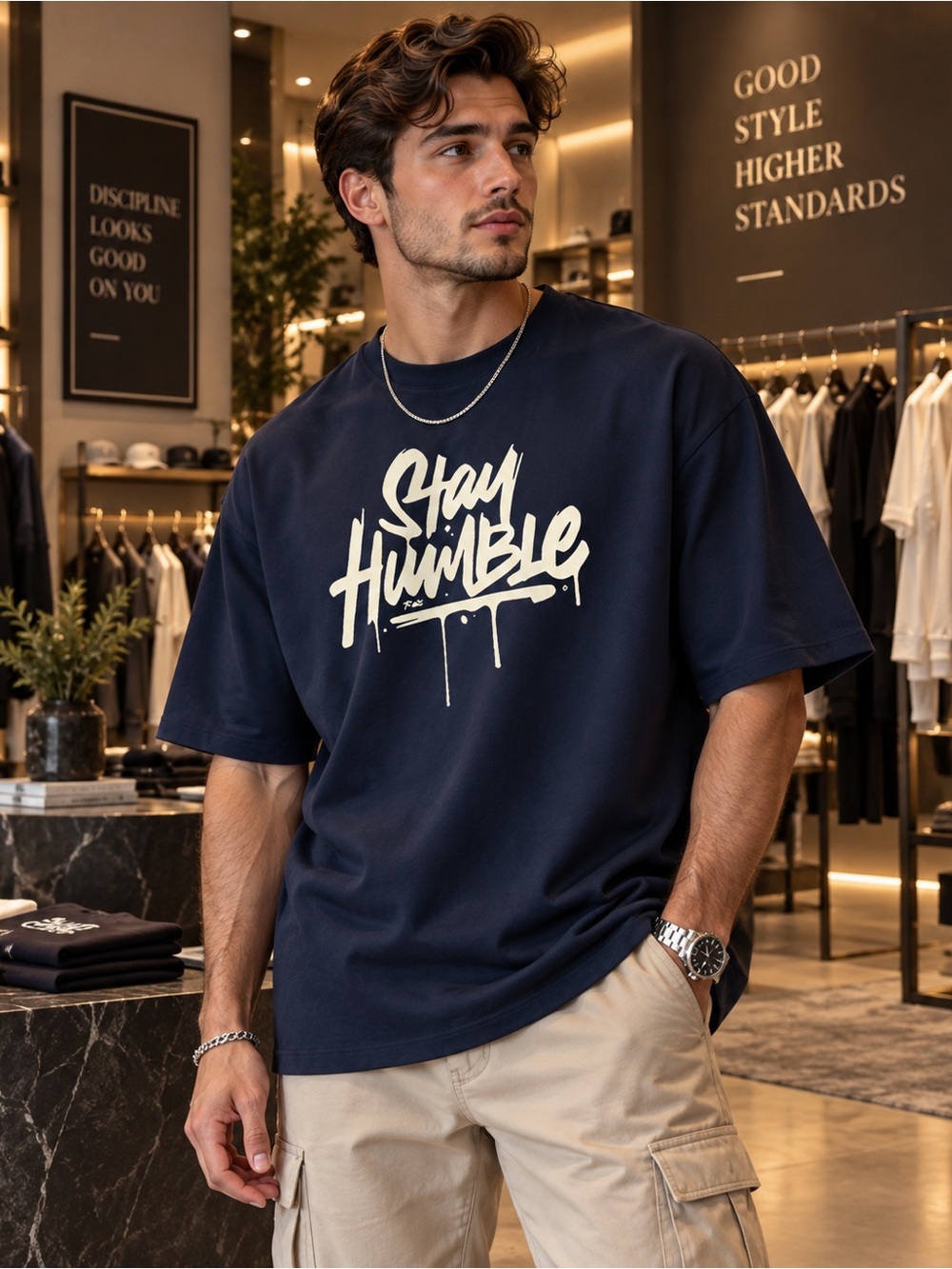 Men's Navy 'Stay Humble' Graphic Tee
